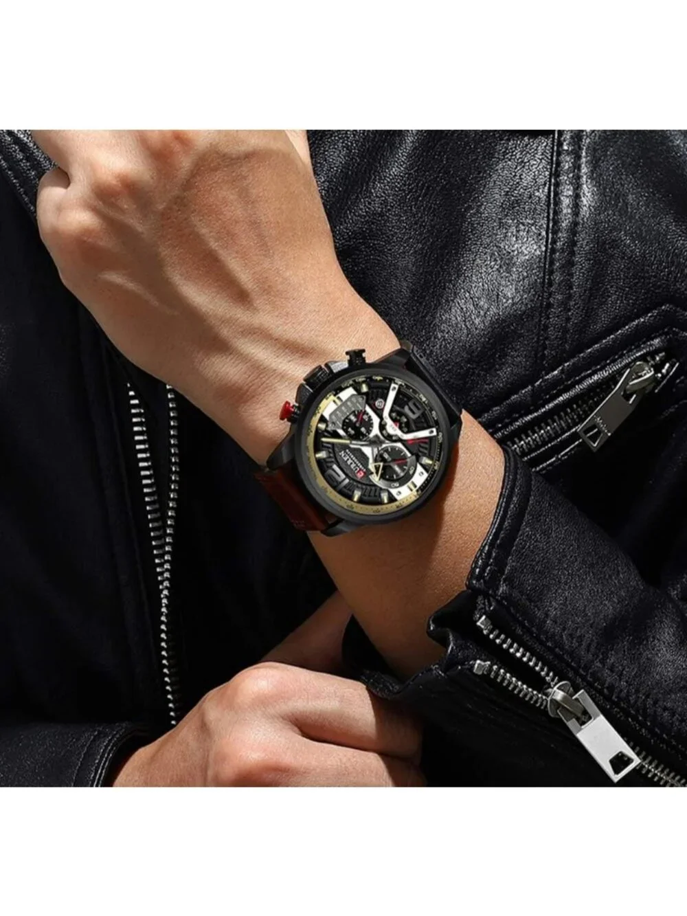 Men's Black Red Analog Quartz Waterproof Leather Strap Chronograph Luxury Watch